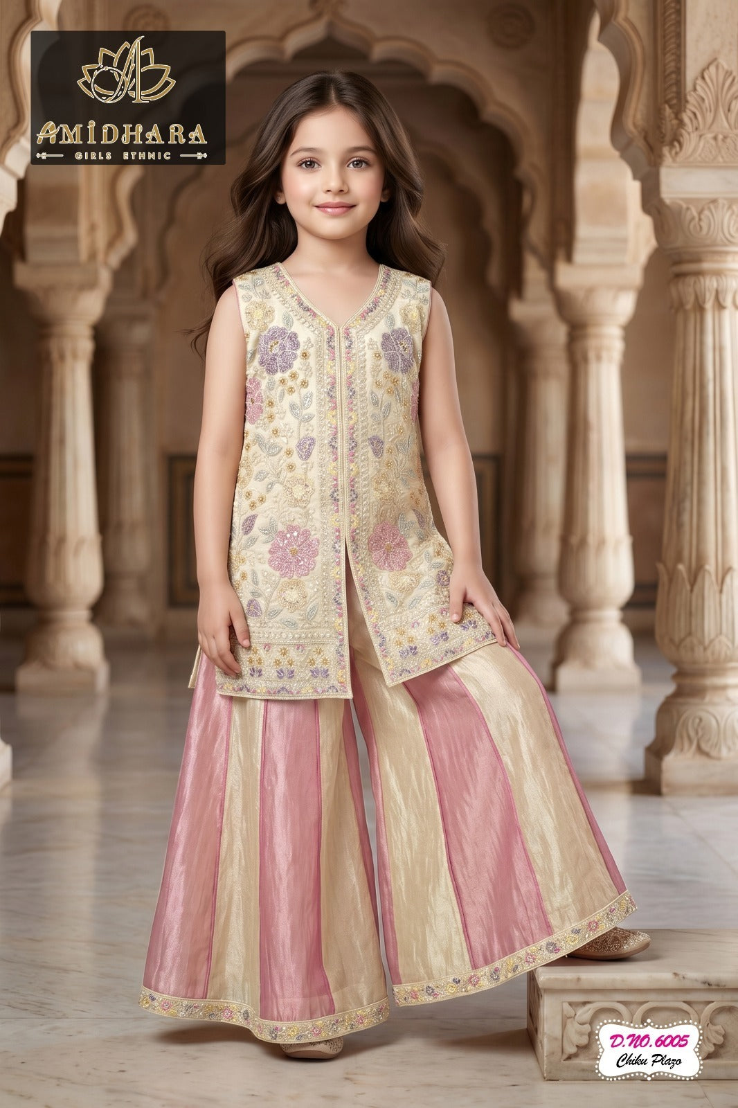 Girls Cream & Pink Embroidered Long Kurti with Striped Sharara Plazo Set