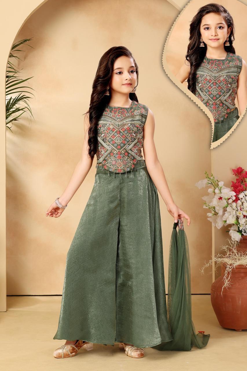 Girls Mehndi Green Embroidered Sharara Set | Traditional Festive Wear