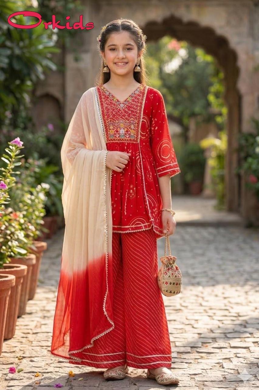 Girls Red Bandhani Kurti & Leheriya Sharara Suit with Dupatta | Festive & Wedding Wear for Kids