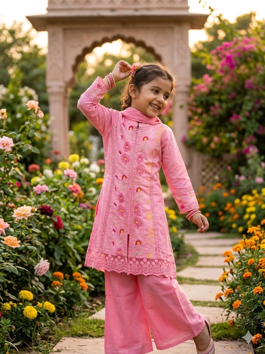 Girls Pink Embroidered Kurti Pant Set with Dupatta | Festive & Party Wear for Kids