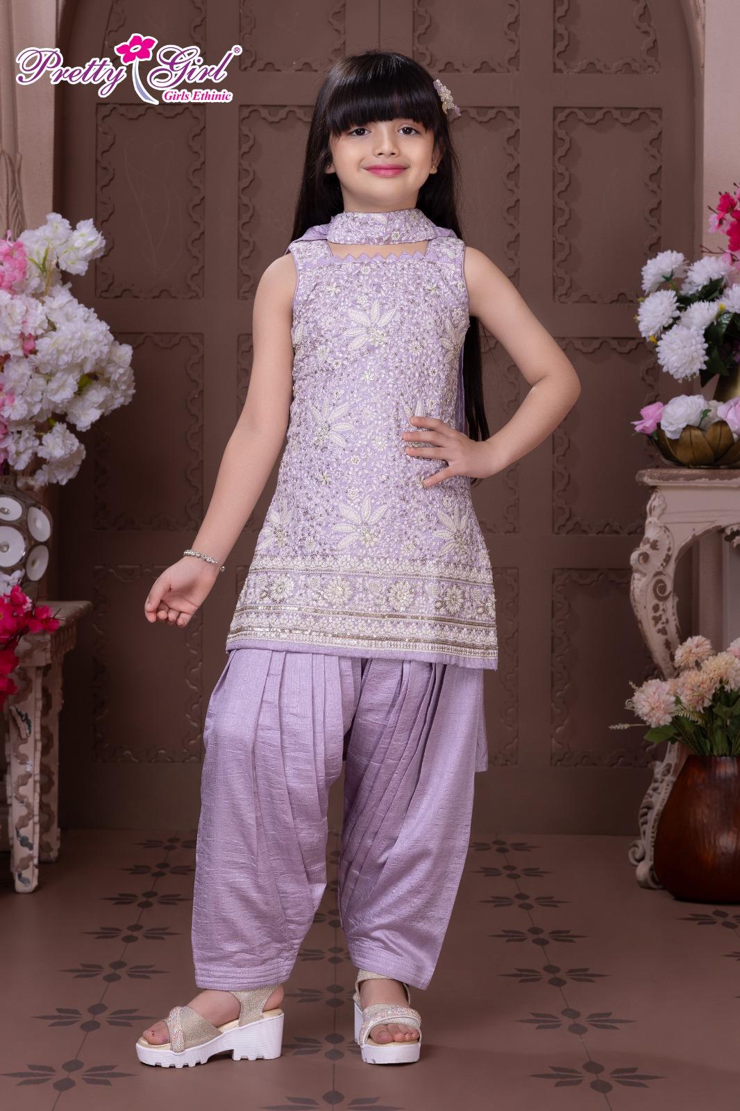 Girls Lavender Embroidered Short Kurti with Wide Palazzo & Dupatta Set
