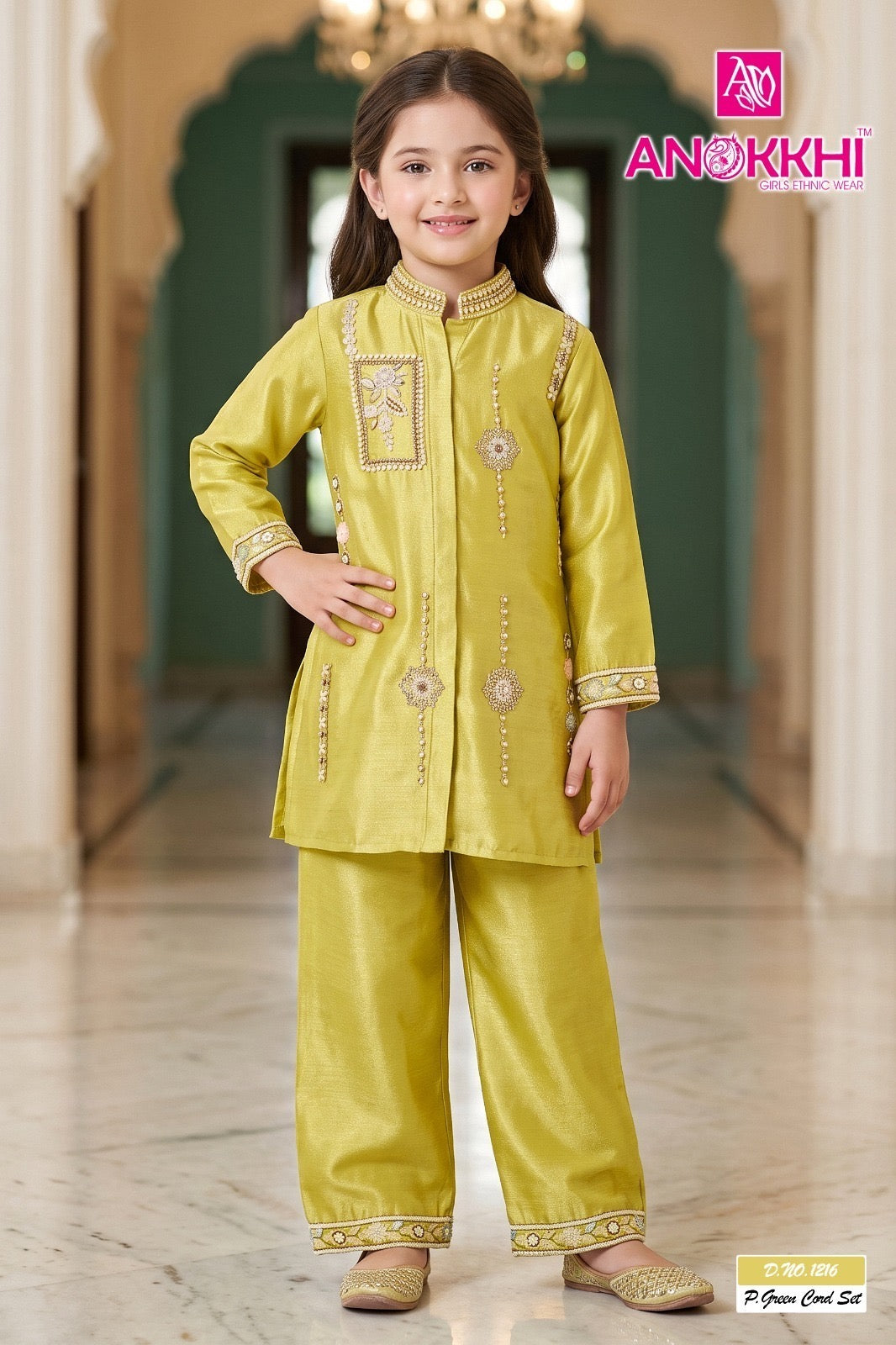 Girls Pista Green High-Neck Embroidered Silk Kurti Pant Set