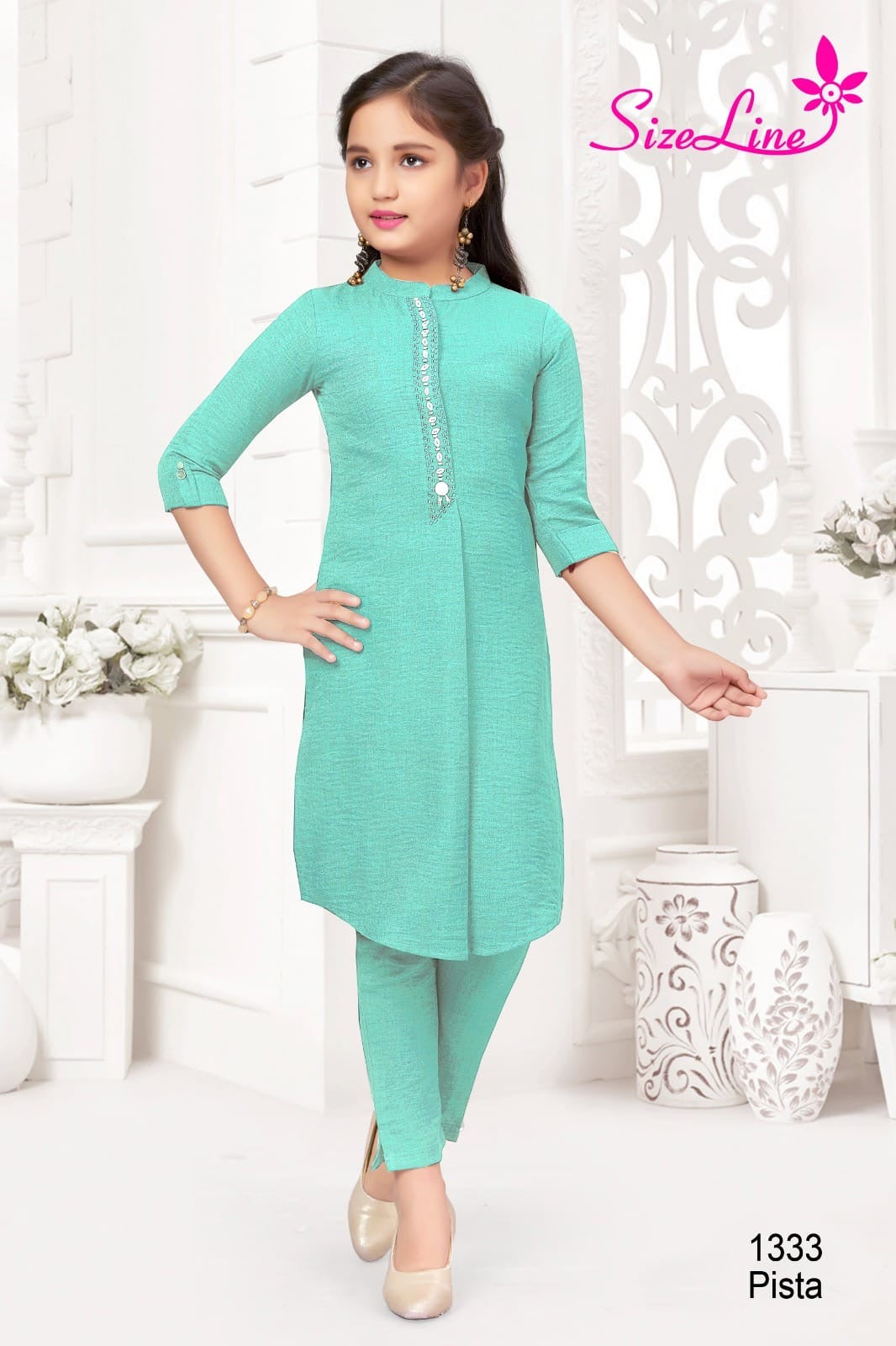 Girls Pista Green Embroidered Kurti | Premium Traditional Ethnic Wear