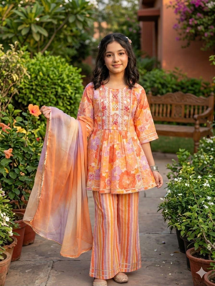 Premium Peach Printed Kurti with Palazzo & Dupatta