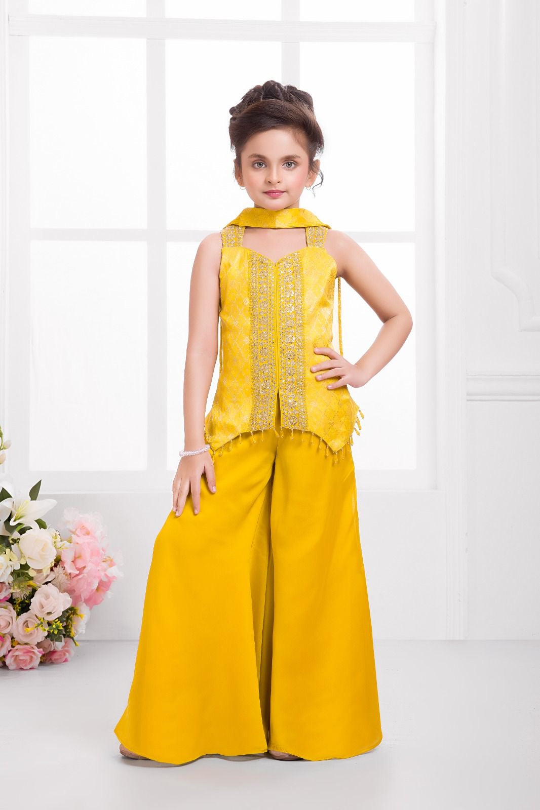 Girls Gold Party Wear Sharara Palazzo | Elegant Ethnic Collection