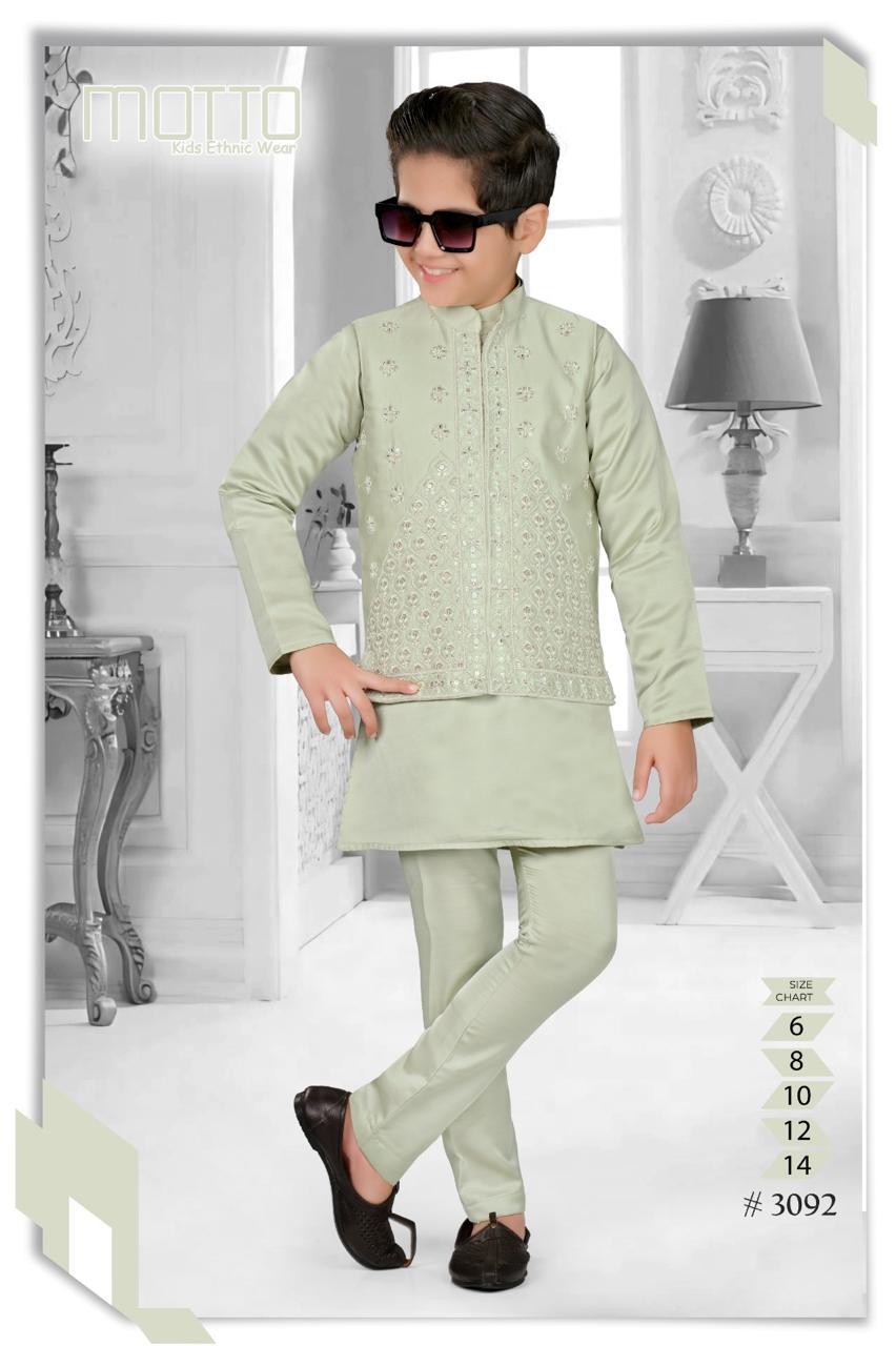 Boys Pista Green Mirror & Thread Embroidered Koti Jacket Kurta Set with Pants (