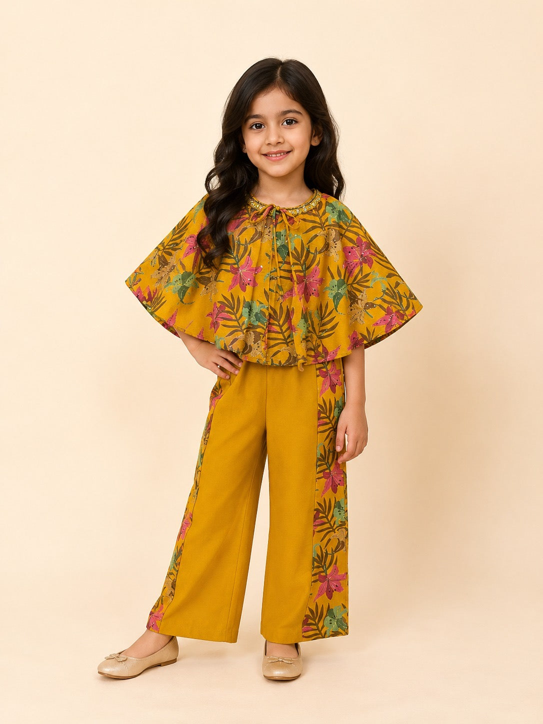 Girls Mustard Yellow Floral Cape Top with Printed Panel Palazzo Set