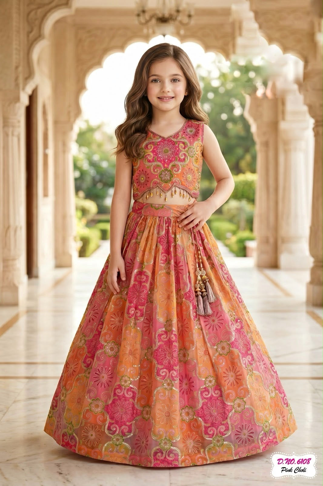 Girls Pink Peach Printed Lehenga Choli Set | Festive Ethnic Wear