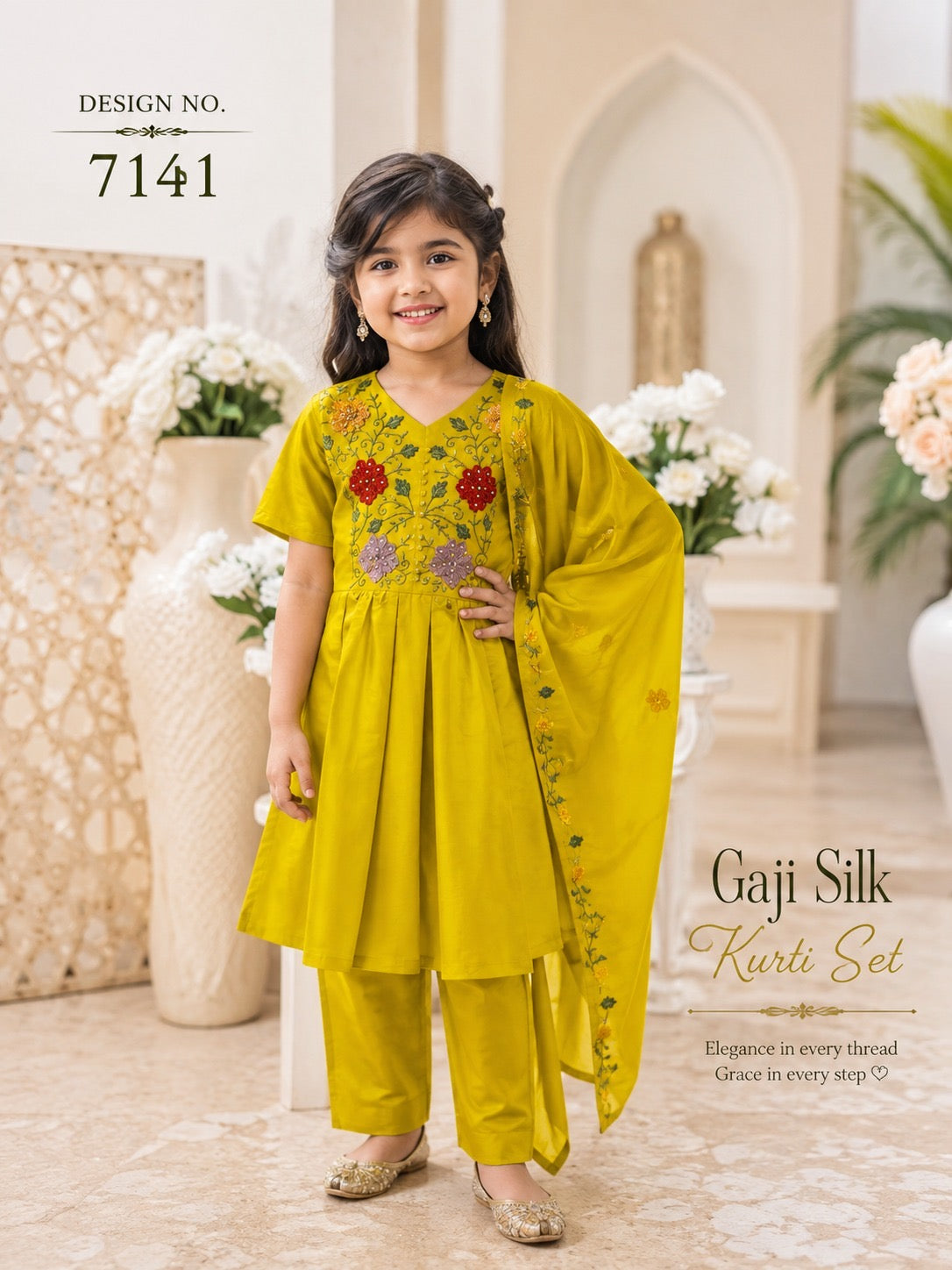 Girls Mustard Gold Floral Embroidered Gaji Silk Kurti Pant Set – Festive Wear