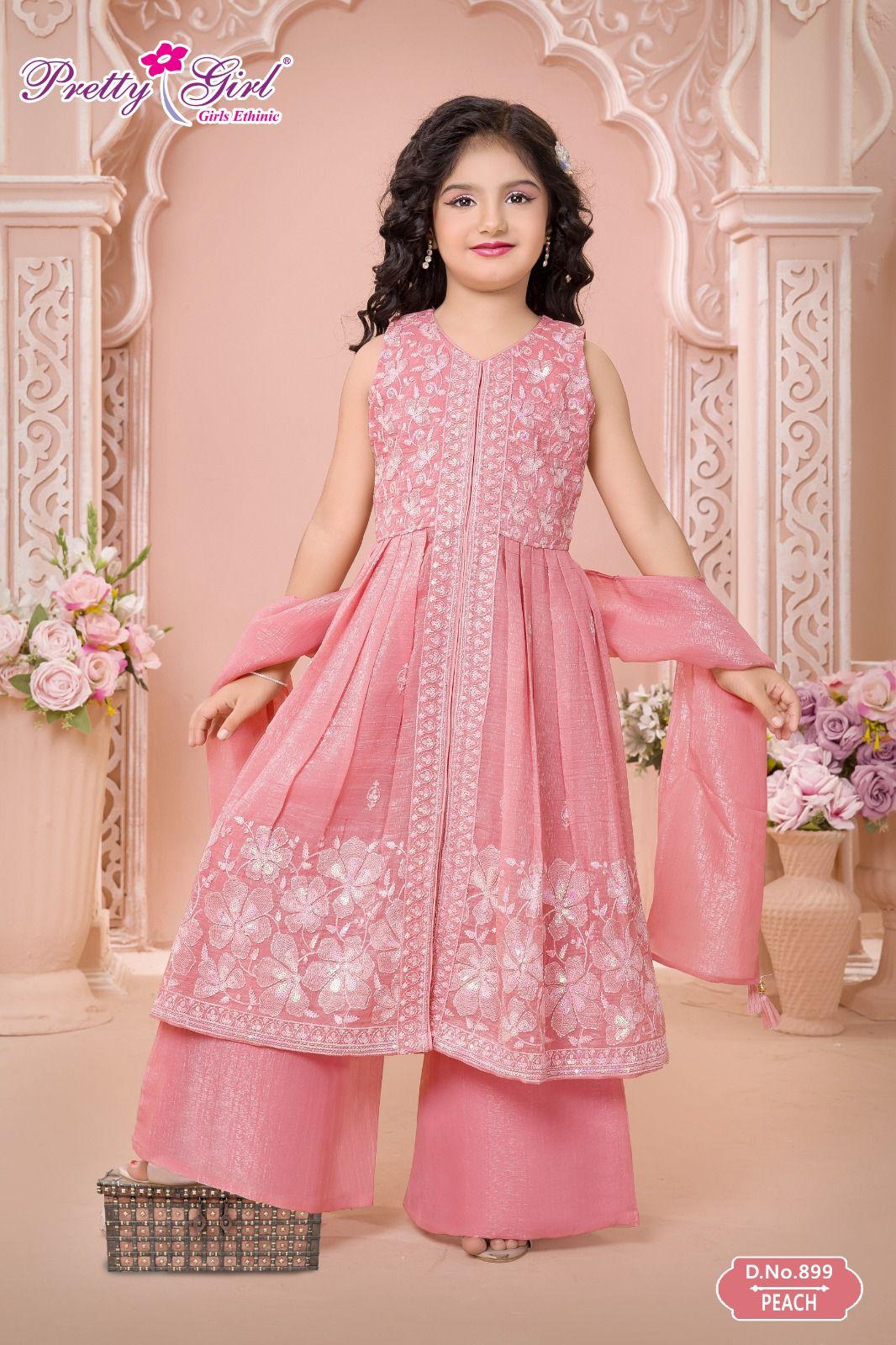 Girls Peach Pink Embroidered Front-Slit Long Kurti with Palazzo & Dupatta Set