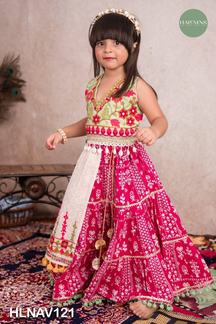 Bright Pink Tiered Flared Lehenga Choli with Embroidered Top & Tassels