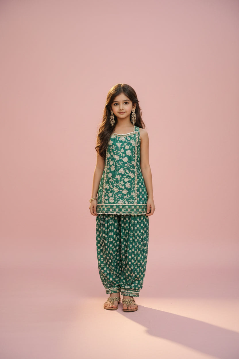 Designer Green Floral Kurti & Patiala Set for Girls (Festive Wear)