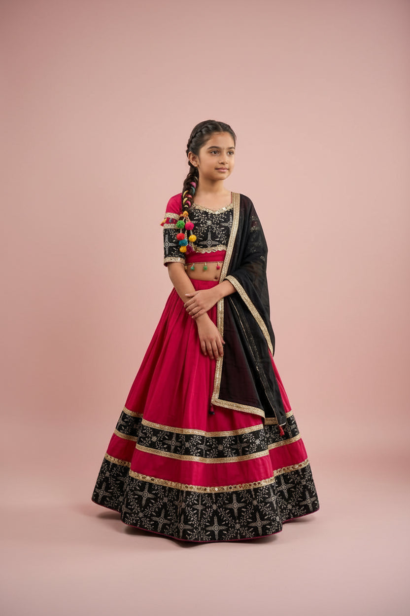 Designer Kids Lehenga Choli in Black & Rani Pink Combination