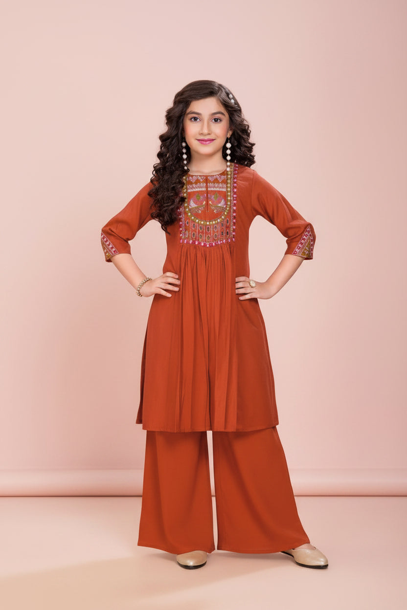 Premium Rust Embroidered Kurti Palazzo Set for Girls – Wedding Collection