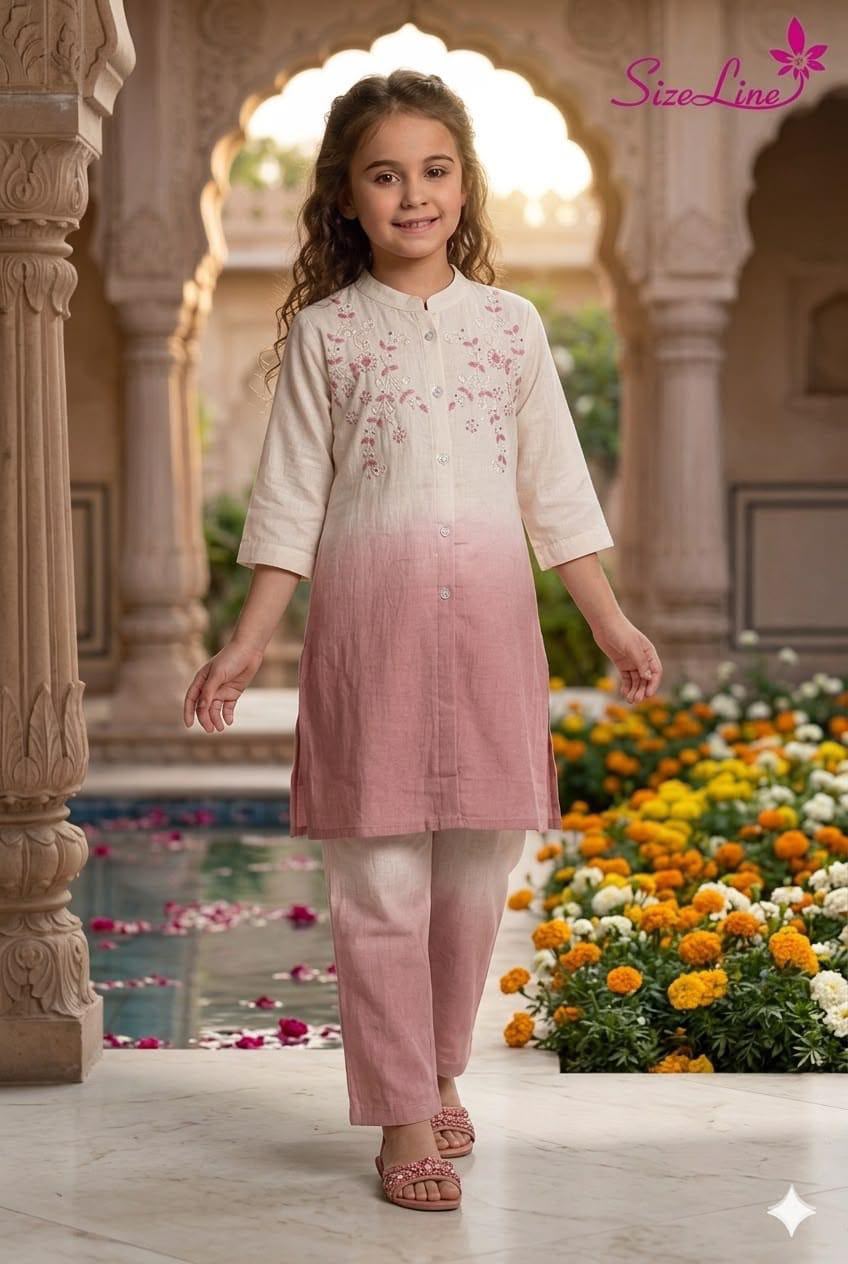 Girls Dual-Shade Ombre Linen Kurti Pant Set