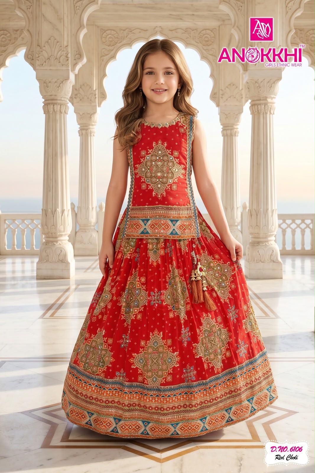 Girls Red Printed Ethnic Kurti Style Lehenga Choli Set