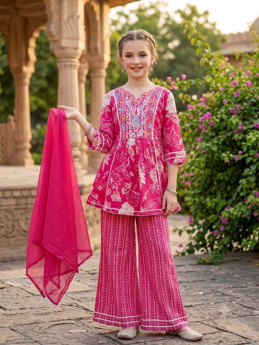 Girls Rani Pink Floral Printed & Embroidered Kurti Pant Set with Matching Dupatta