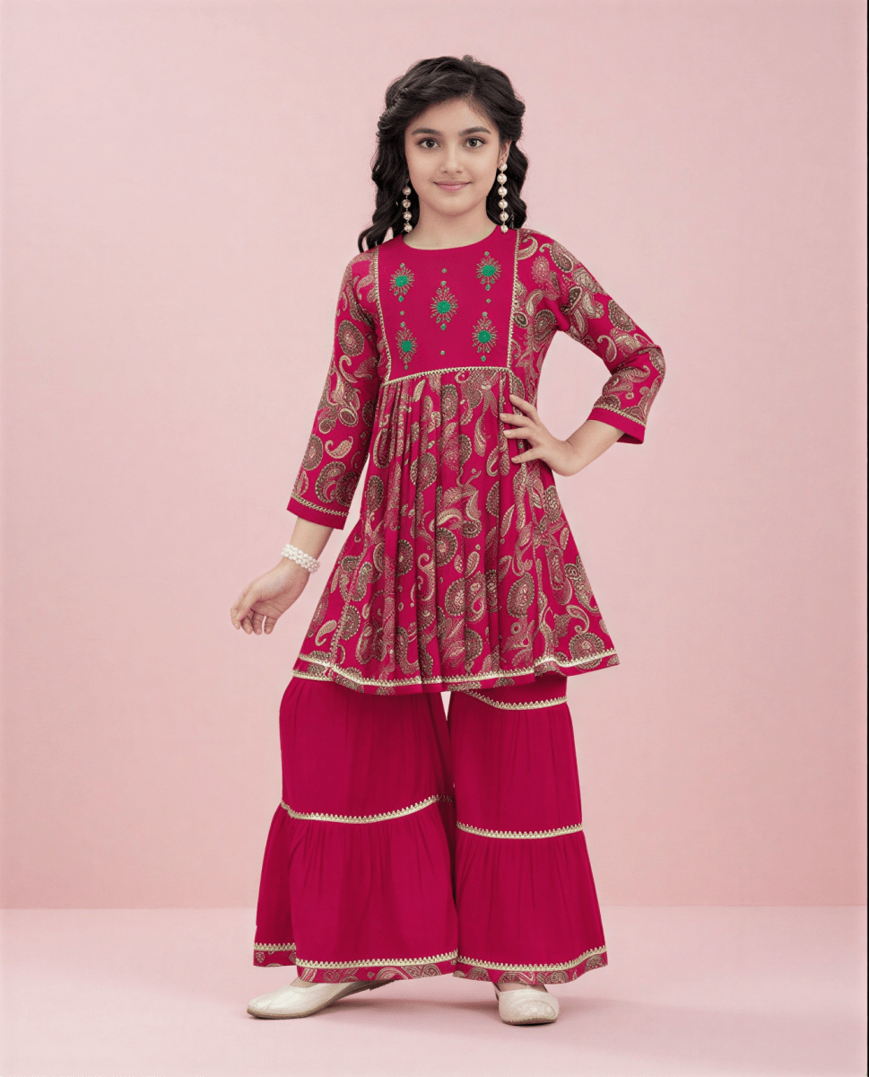 Elegance in Rani Pink: Girls' Peplum Sharara Set - nemi kids wear
