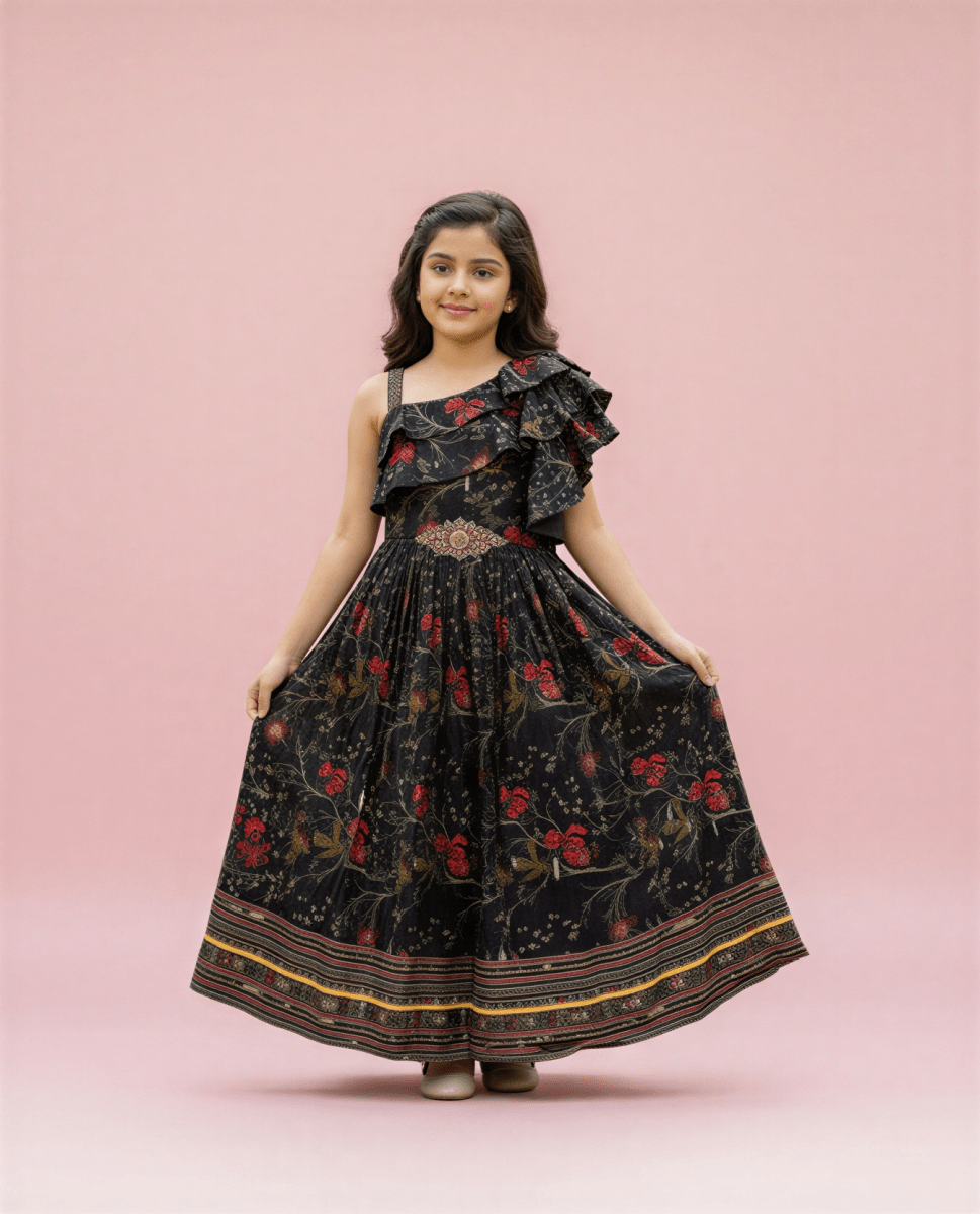 Girls’ Black Floral One - Shoulder Ruffle Maxi Dress – Festive Party Gown - nemi kids wear