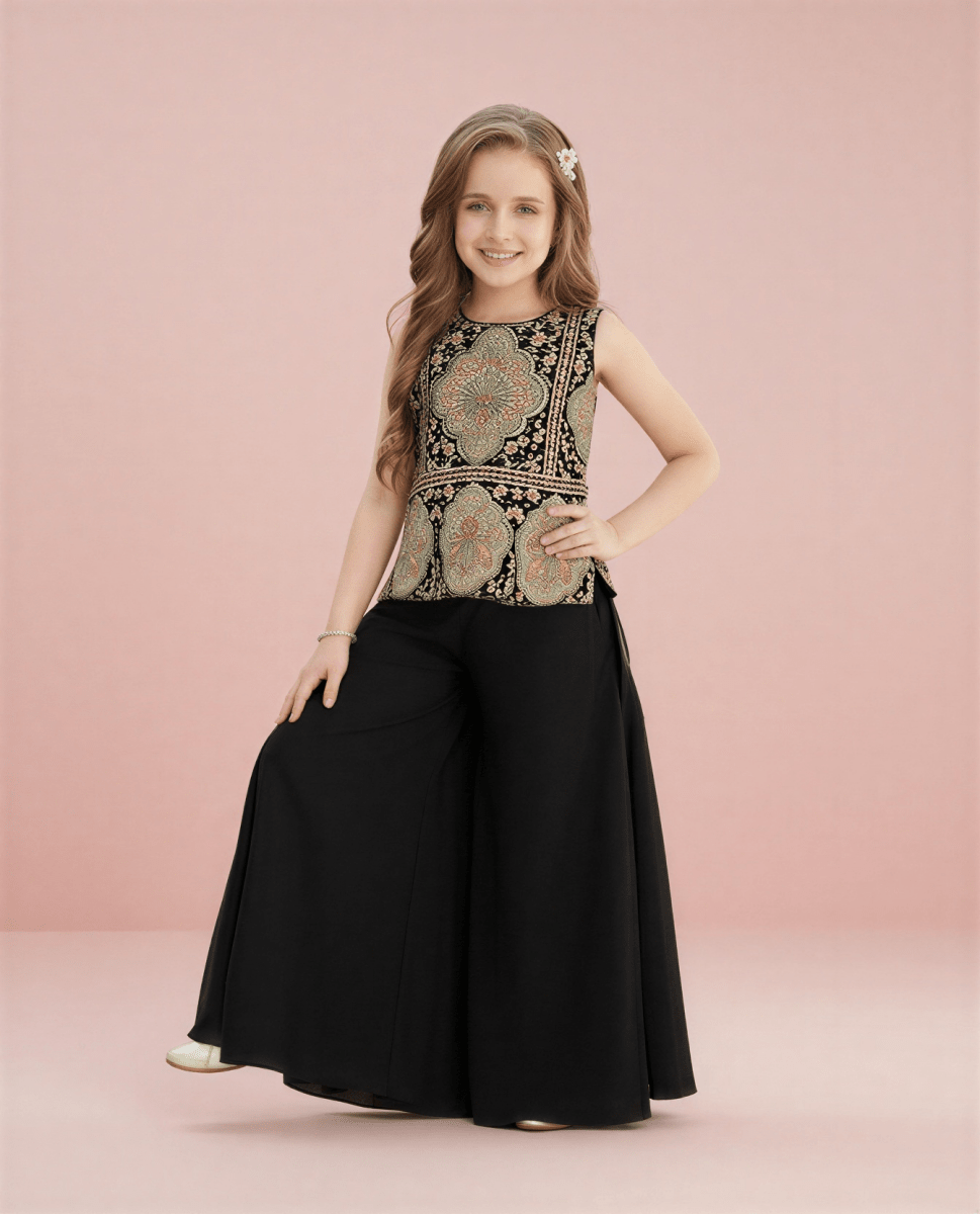 Girls Black Sleeveless Embroidered Kurti with Flared Plazzo Set - nemi kids wear