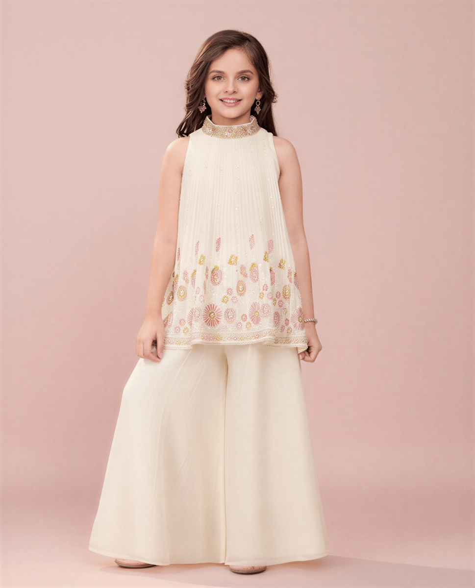 Girls' Cream Georgette Floral Embroidered Sharara Set with High - Neck Kurti - nemi kids wear