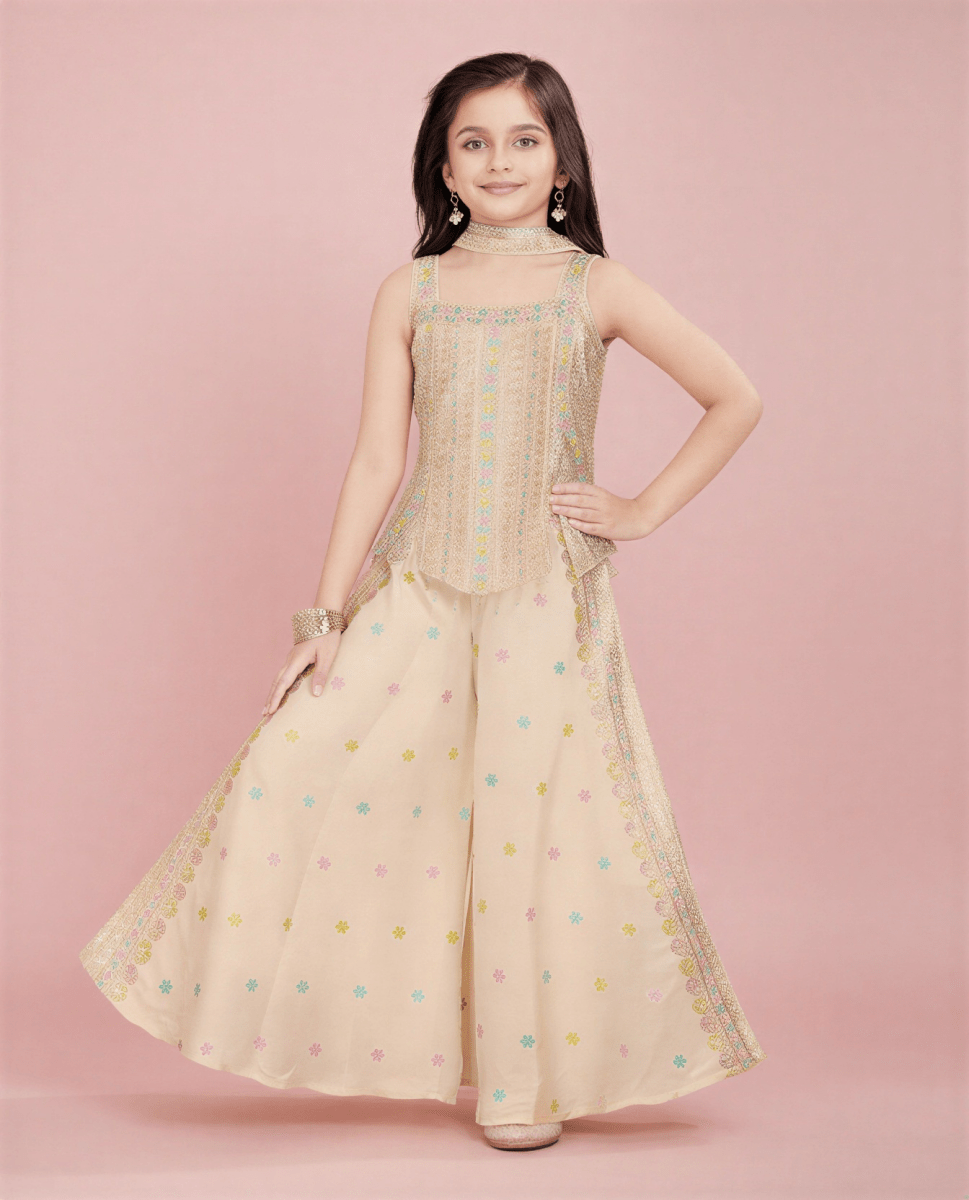 Girls' Ethnic Embroidered Kurti with Flared Sharara Pants & Choker Set - nemi kids wear