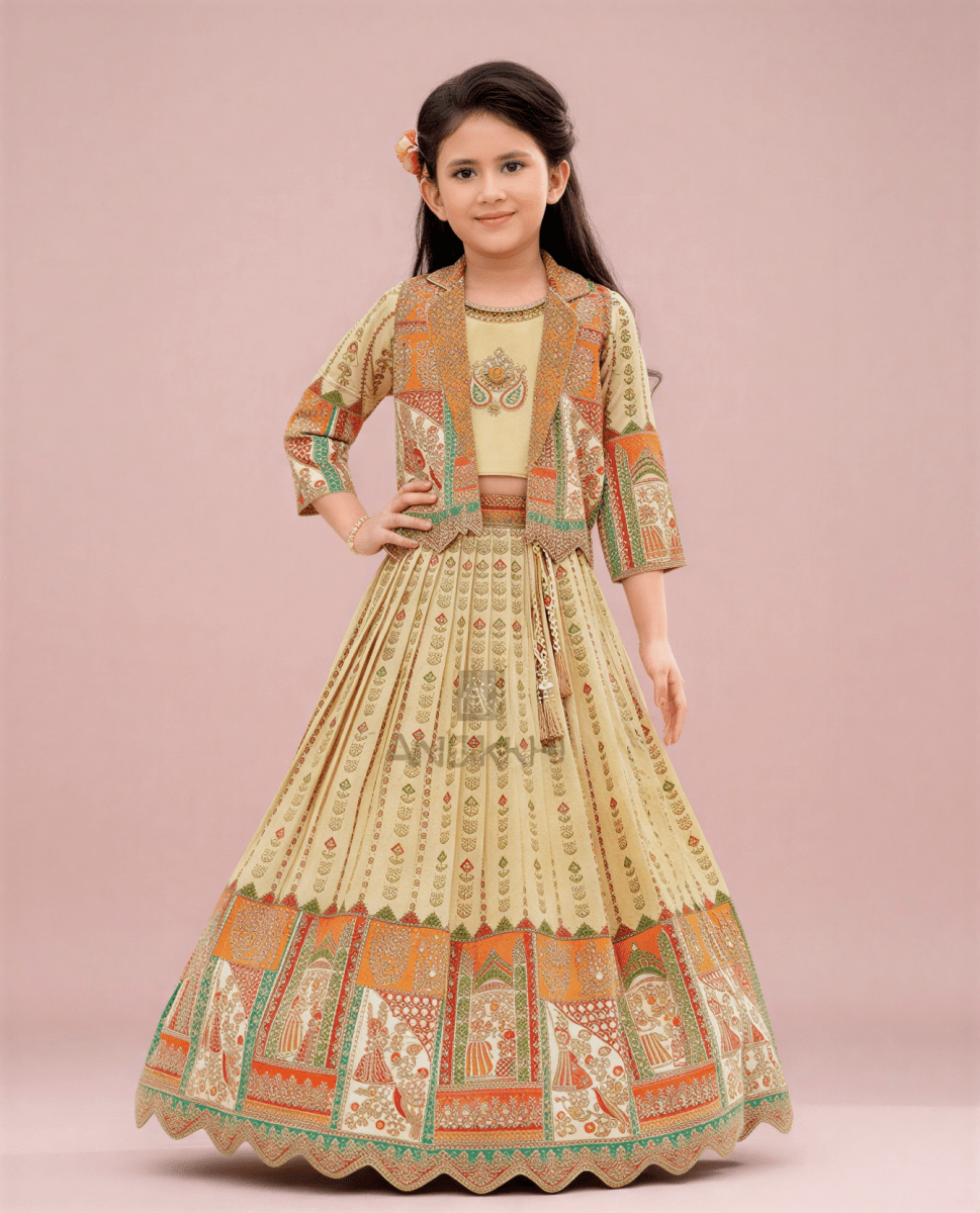 Girls' Ethnic Printed Lehenga Choli with Embroidered Jacket - nemi kids wear