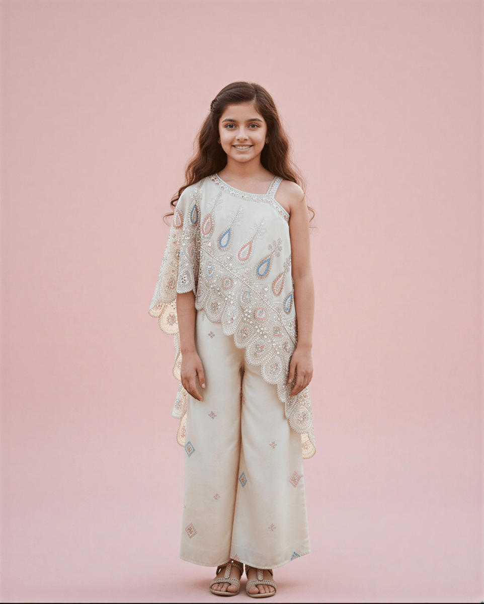Girls' Ivory Asymmetric One - Shoulder Cape & Palazzo Set – Designer Indo - Western Wear - nemi kids wear
