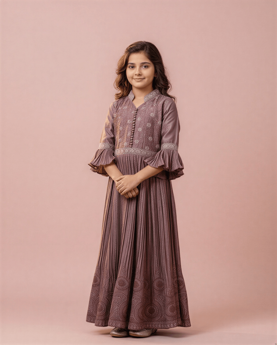 Girls’ Mauve Pleated Anarkali Gown with Embroidered Bodice - nemi kids wear
