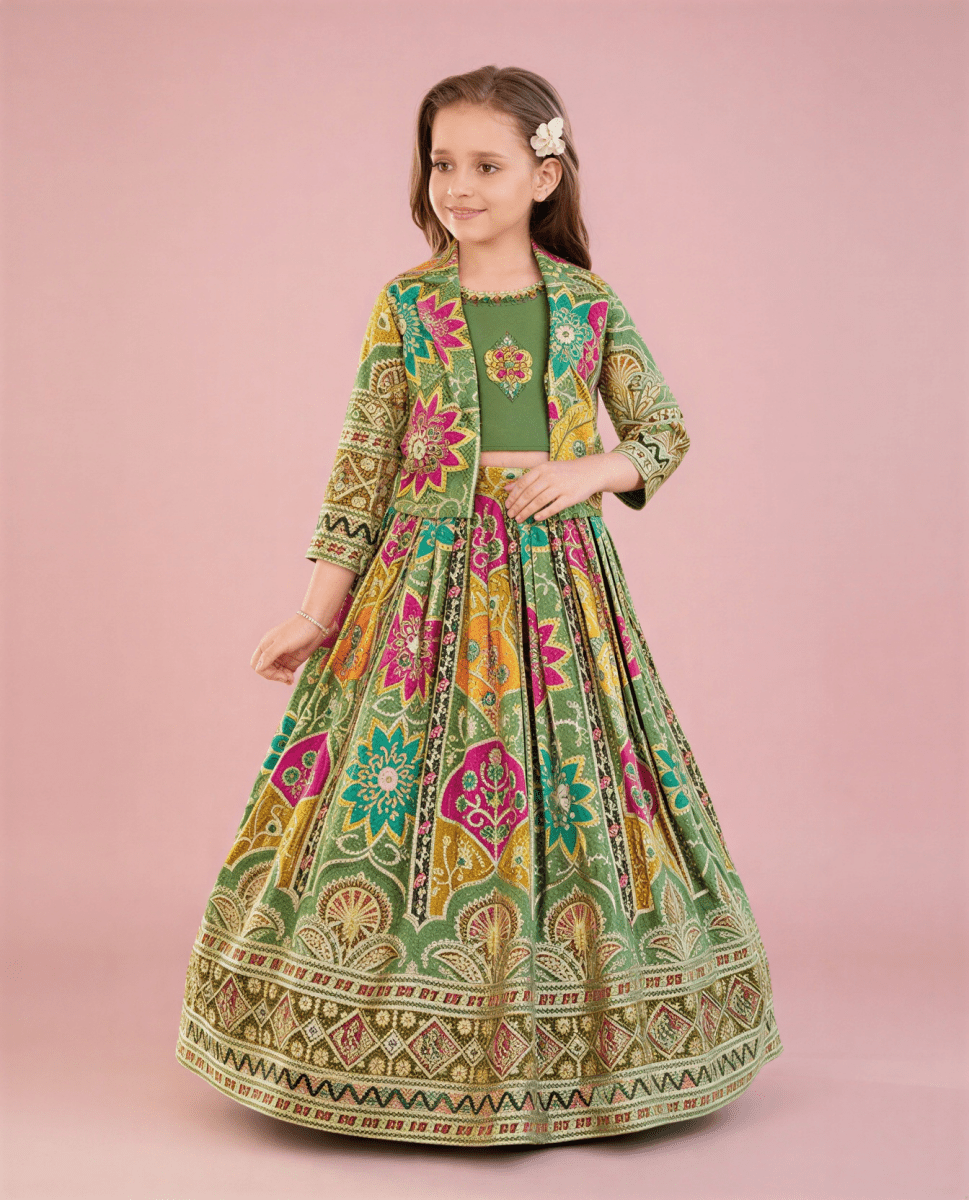 Girls' Multi - Color Printed Lehenga Choli with Embroidered Jacket Set - nemi kids wear