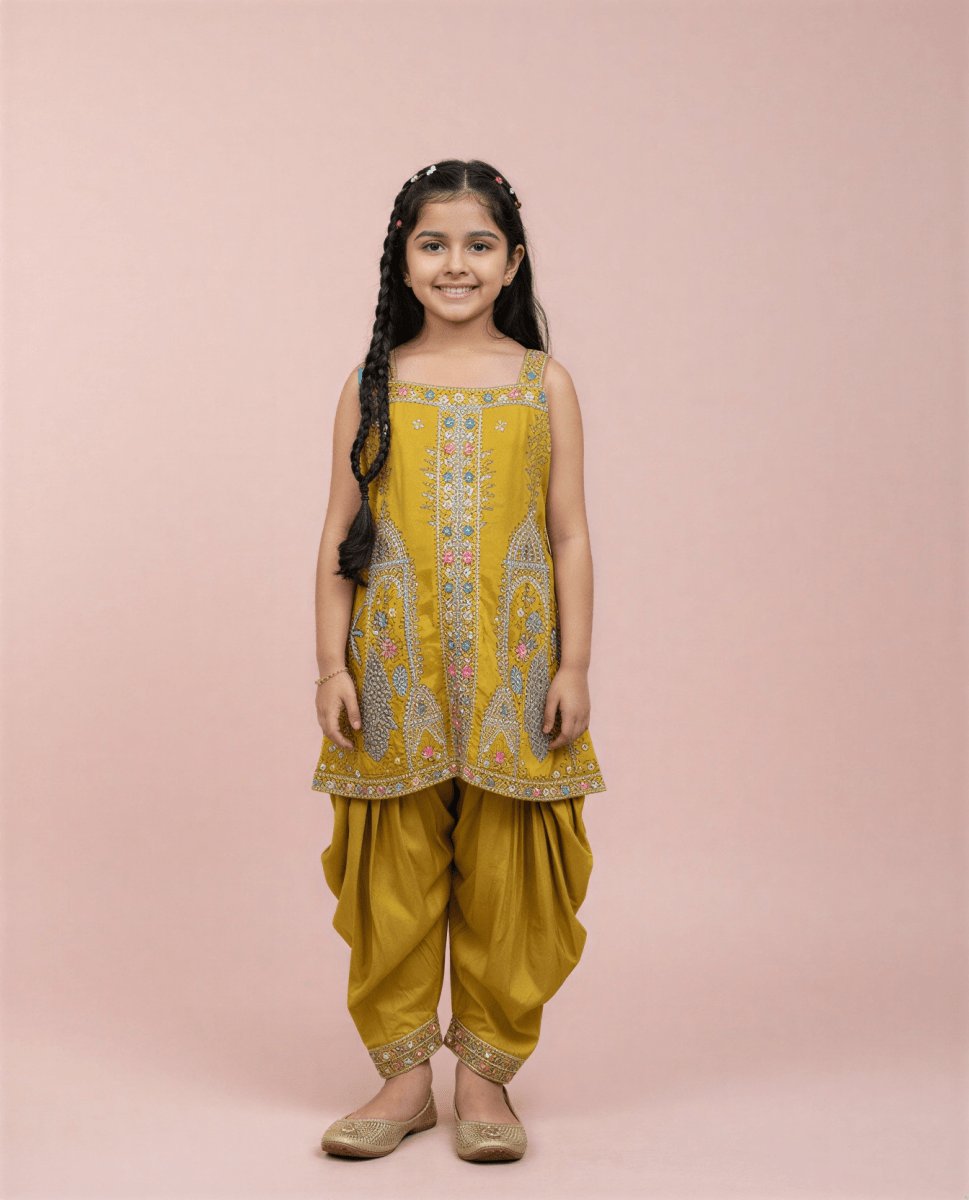 Girls' Mustard Yellow Embroidered Kurta with Dhoti Pants – 2 Piece Festive Set - nemi kids wear