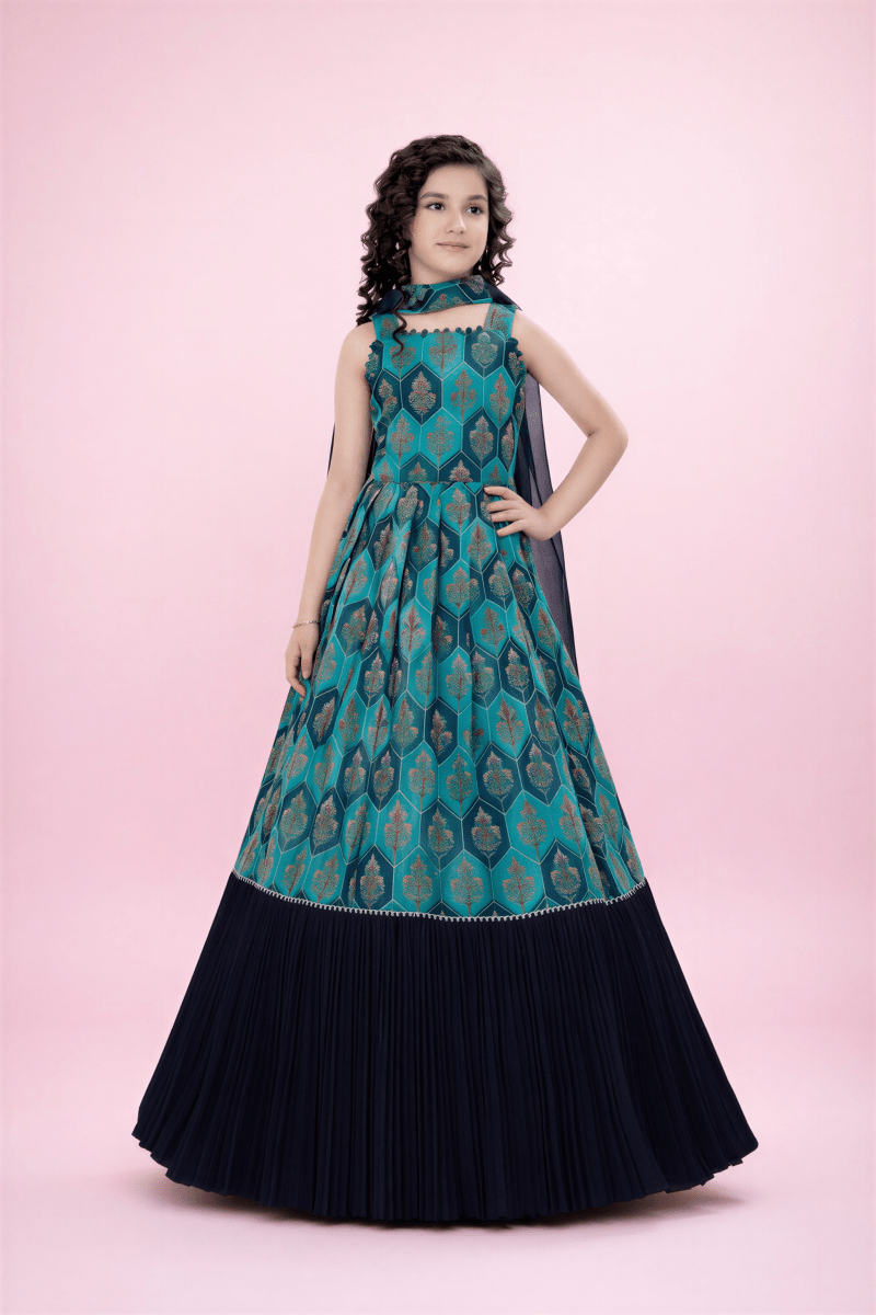 Girls’ Rama Green Foil Print Ethnic Gown with Pleated Contrast Border - nemi kids wear