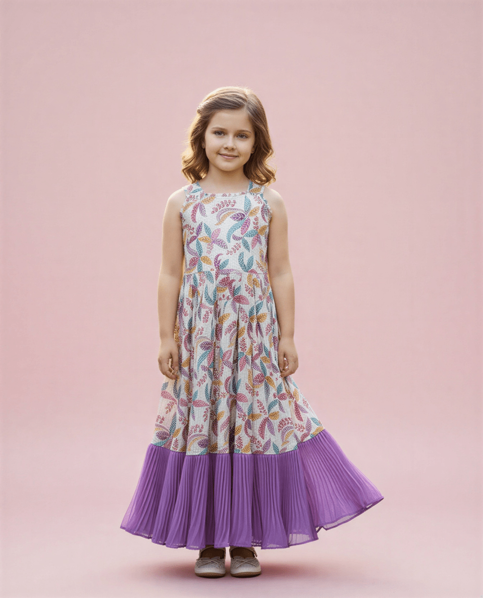 Girls' Sleeveless Floral Print Maxi Dress with Purple Pleated Hem - nemi kids wear