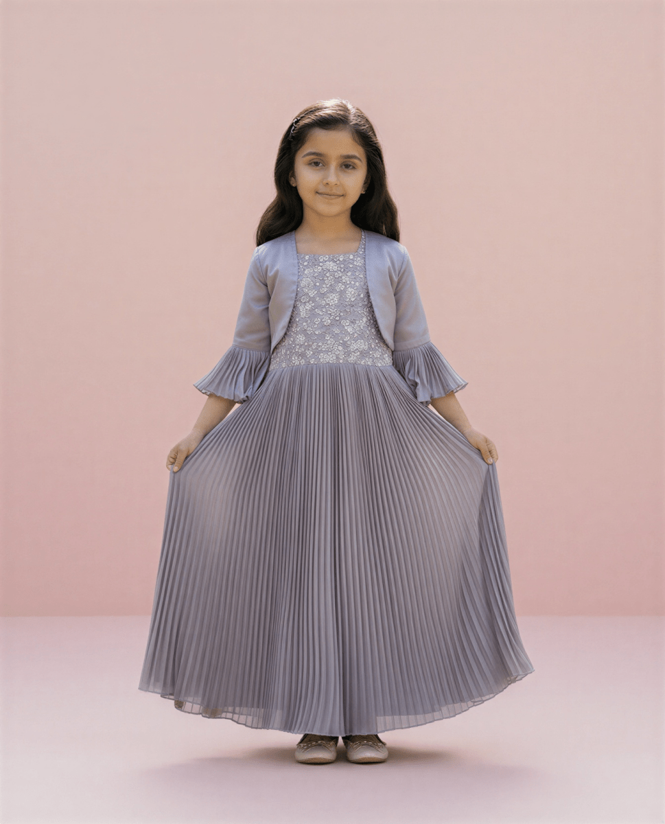 Lavender Mist Floral Embroidered Pleated Gown with Bell - Sleeve Bolero - nemi kids wear