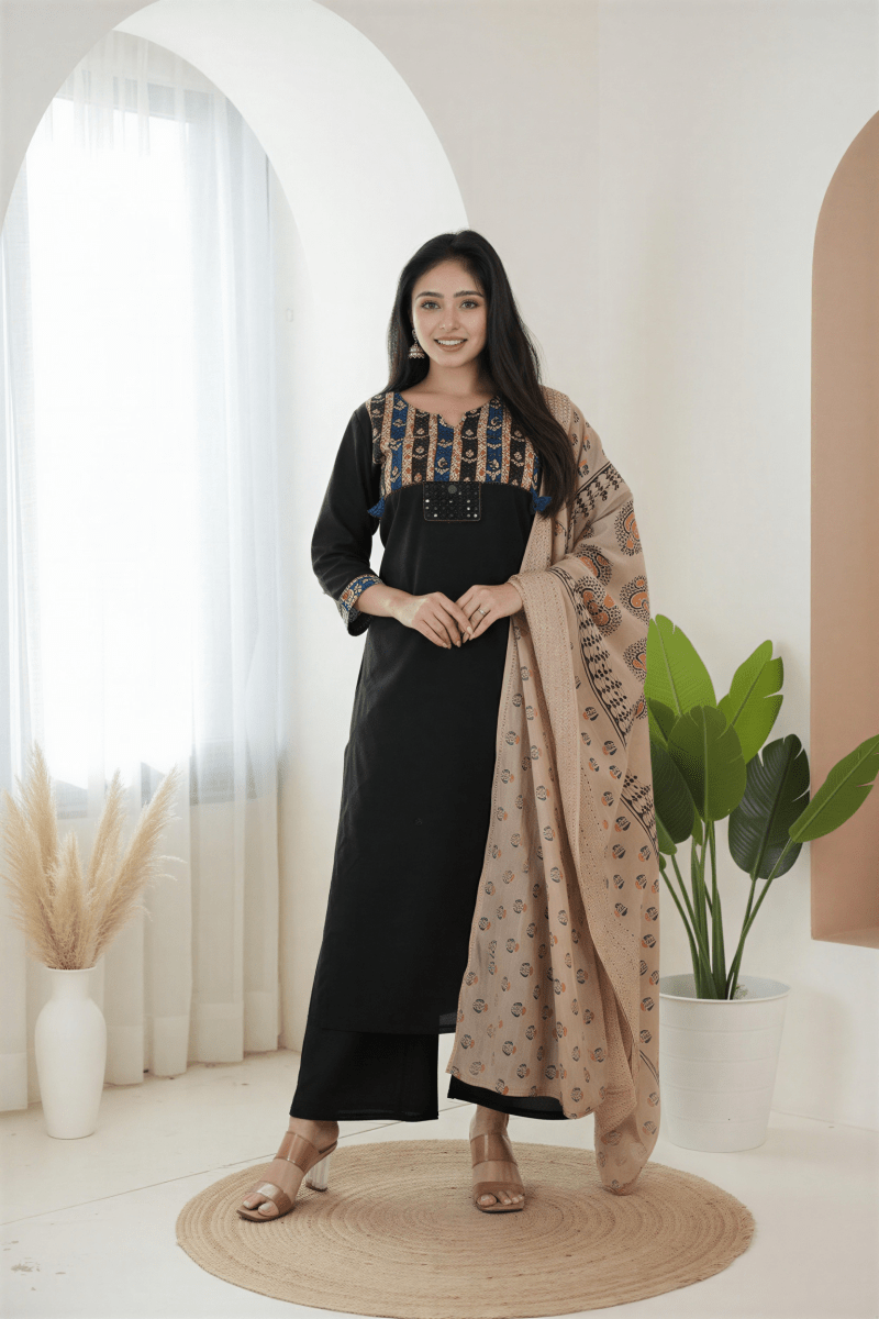 Midnight Bloom Kalamkari Suit Set - nemi kids wear