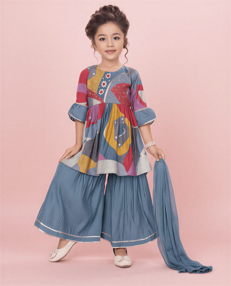 Patola - Print Peplum & Flared Sharara Suit - nemi kids wear