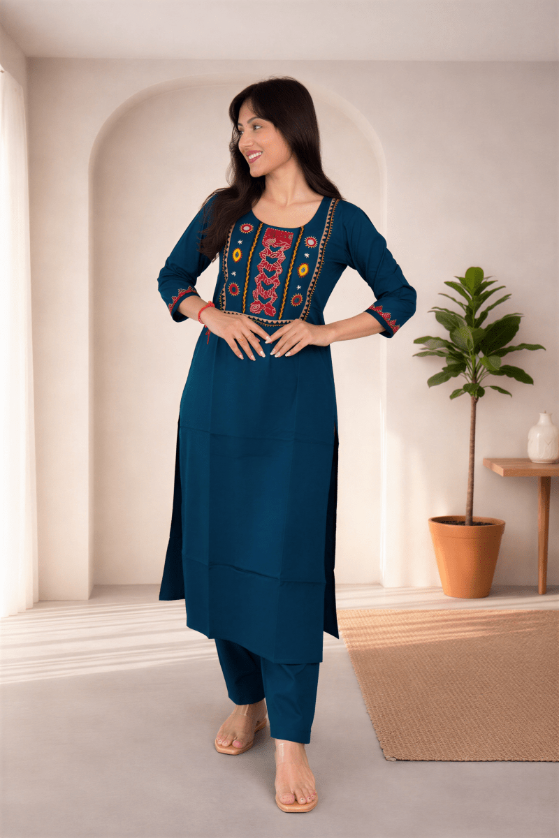 Peacock Teal Embroidered Straight Kurta Set - nemi kids wear