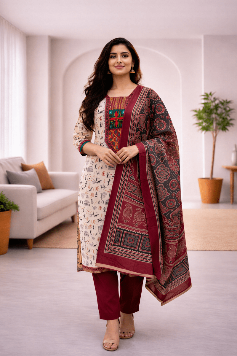 Women’s Cream & Maroon Printed Kurti Pant Set with Dupatta – Elegant Festive Wear - nemi kids wear