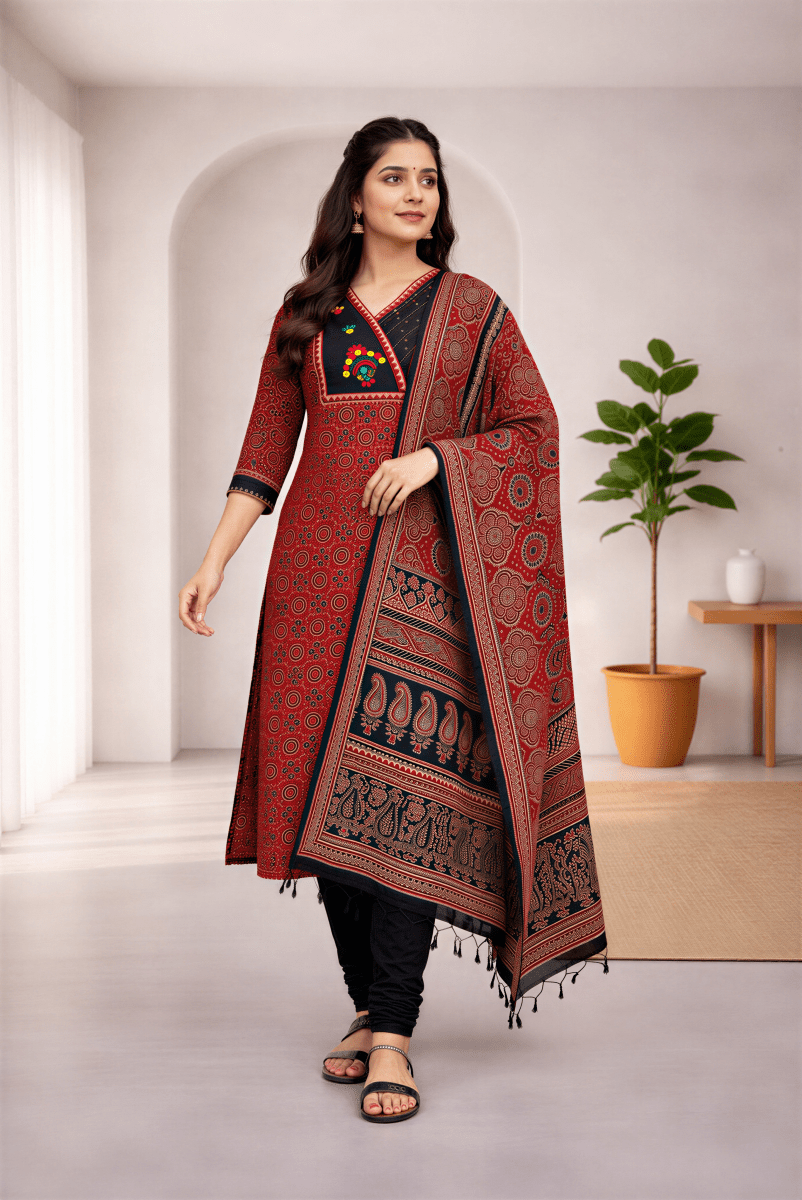 Women’s Red Ajrakh Print Kurti Pant Set with Dupatta – Festive Ethnic Wear - nemi kids wear