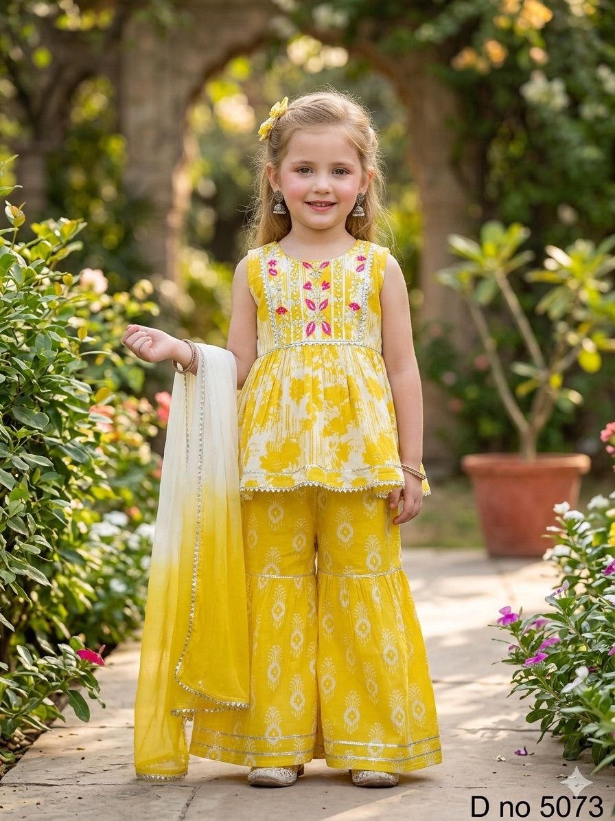 Girls Bright Yellow Embroidered Sleeveless Kurti Pant Suit with Dupatta