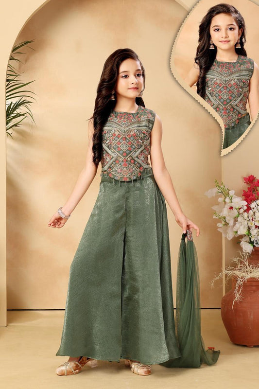 Girls Mehndi Green Embroidered Sharara Set | Traditional Festive Wear