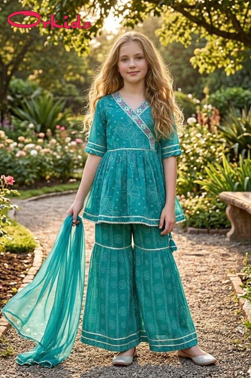 Girls Teal Blue Bandhani Print Angrakha Kurti & Sharara Set | Kids Ethnic Wear