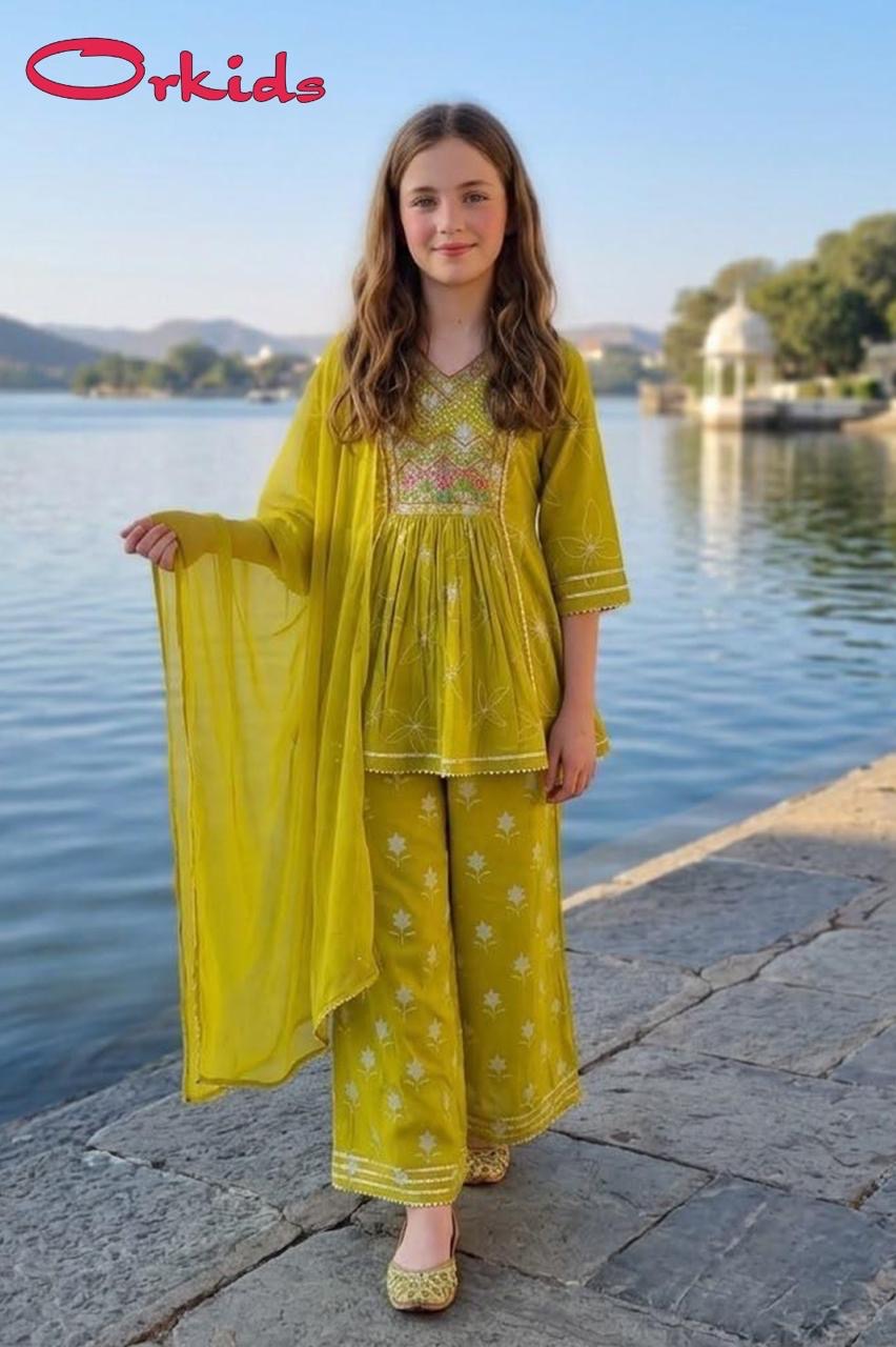 Girls Olive Green Printed Short Kurti & Palazzo Set with Dupatta | Kids Ethnic Wear