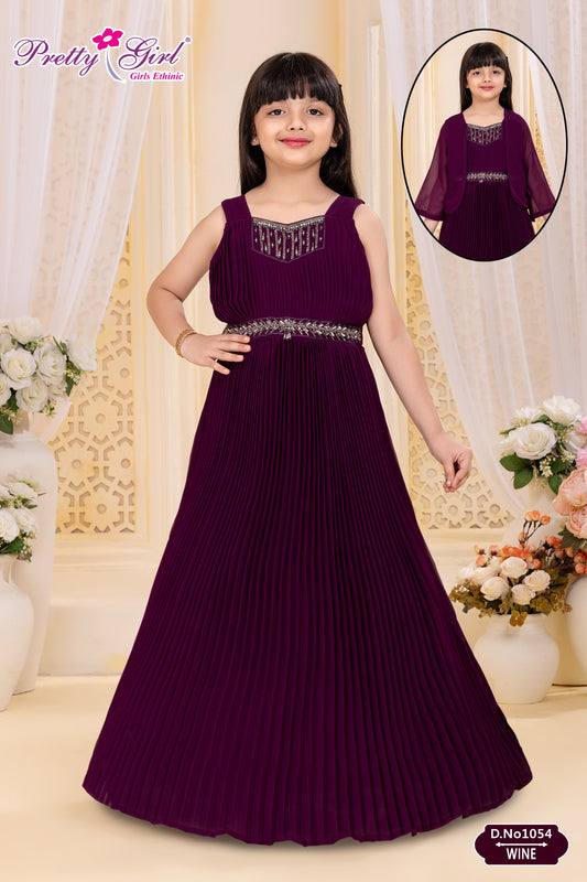 Girls Wine Pleated Gown | Party Wear Designer Dress