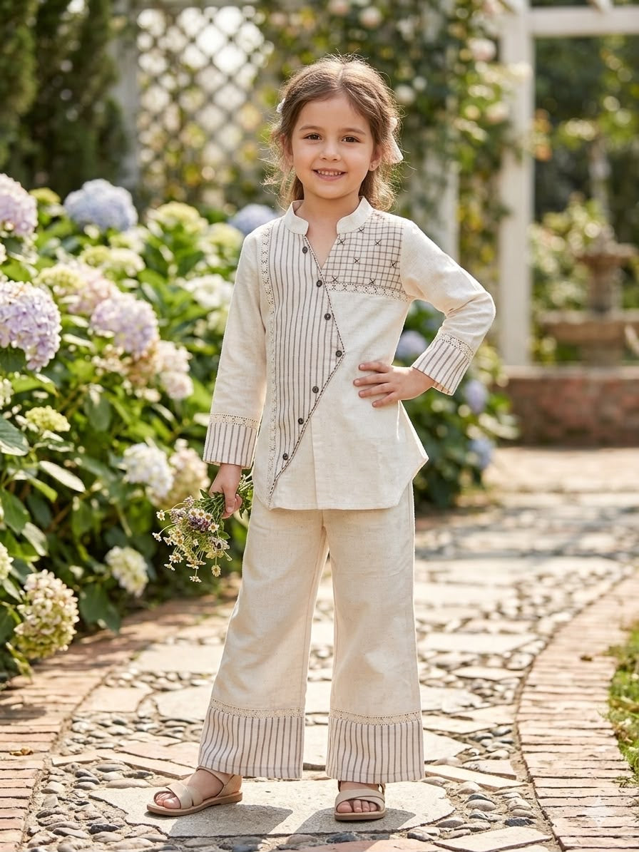 Kids Off-White Cotton Linen Asymmetric Tunic and Trouser Set