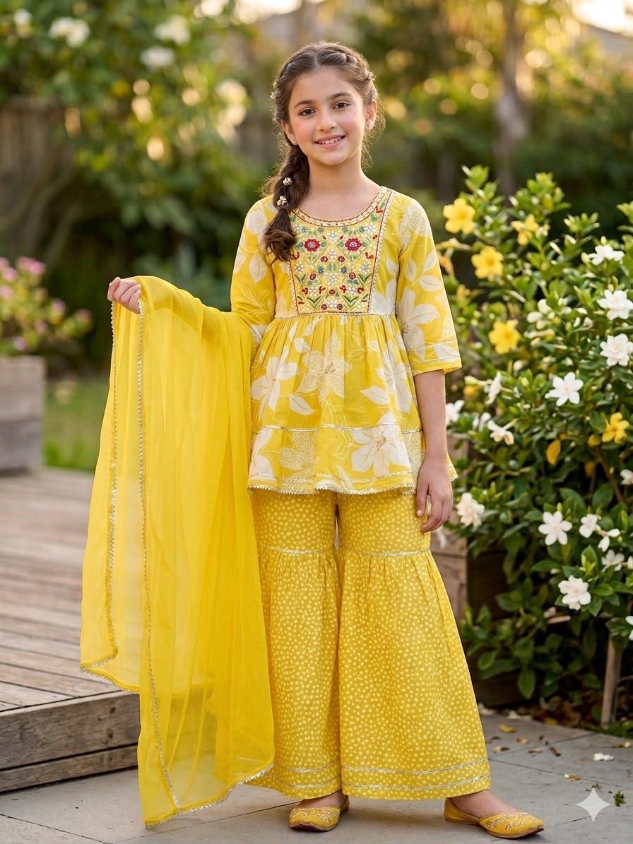 Girls Festive Yellow Floral Embroidered Kurti Palazzo Set with Dupatta