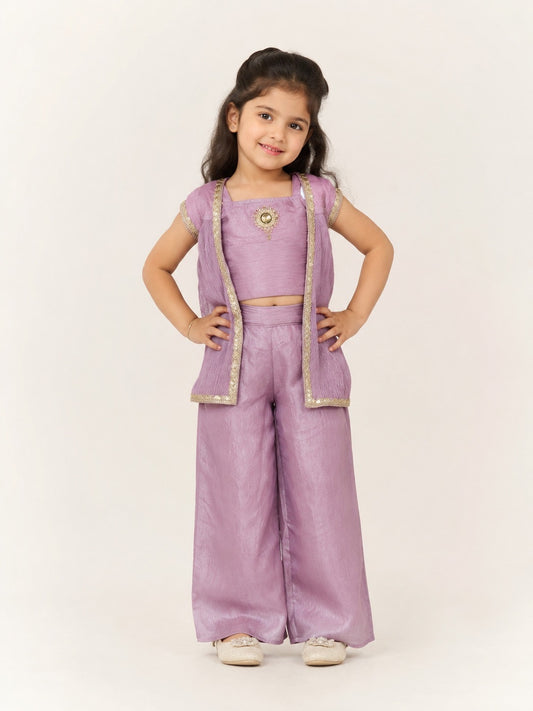 Girls Lavender Indo-Western Crop Top, Koti & Palazzo Suit