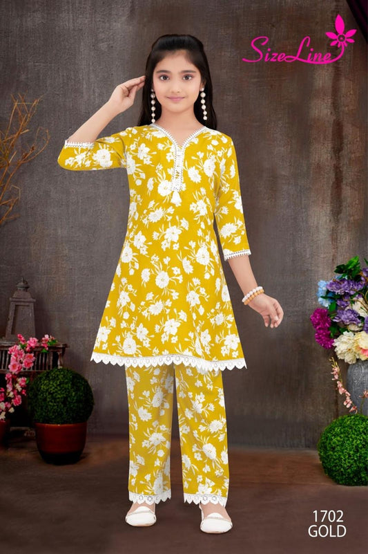 Girls Mustard Yellow Floral Printed Kurti & Pant Set | Kids Ethnic Wear