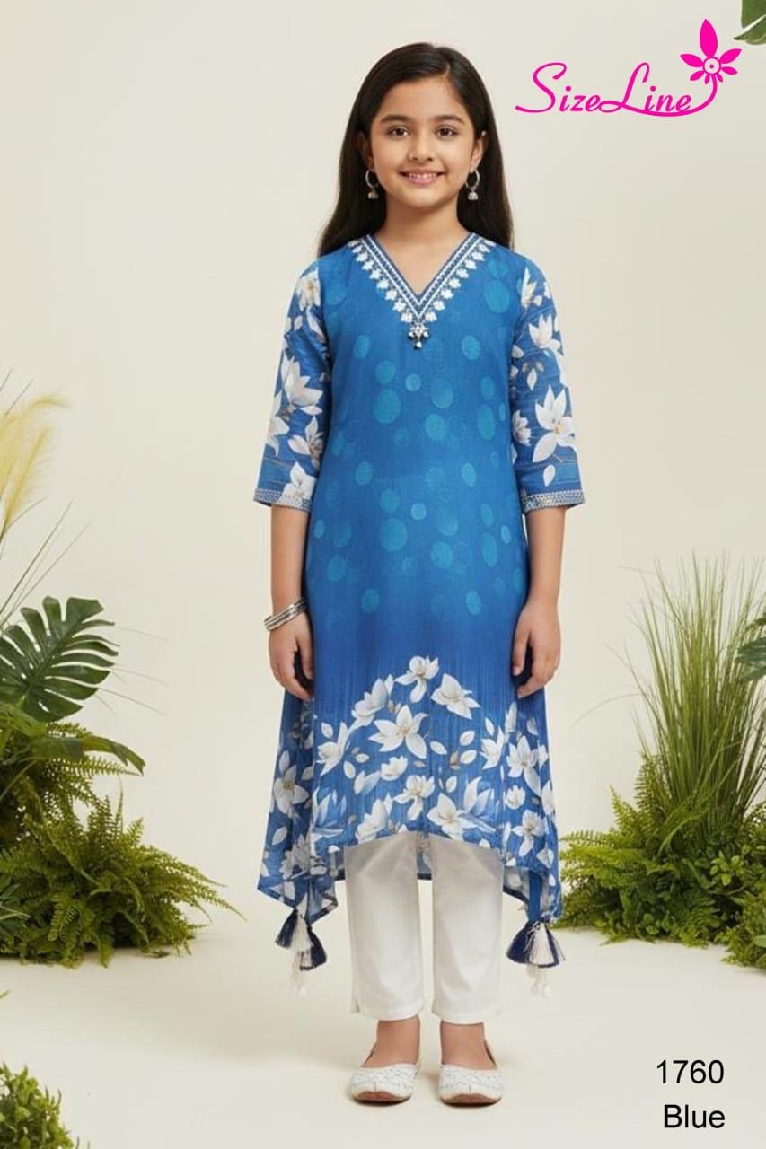 Royal Blue Floral Print Asymmetric Hem Kurti Pant Set for Girls | Kids Designer Suit