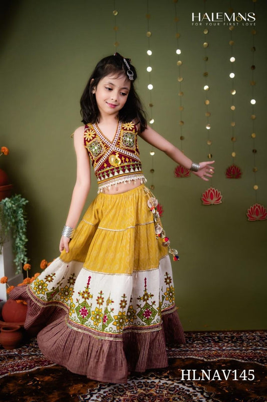 Girls Maroon & Mustard Mirror Work V-Neck Choli